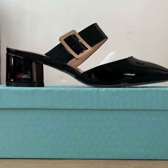Women's Buckle Patent Solid Pointed Toe Chunky Low Heel Mules --Never Worn! - Picture 2 of 9